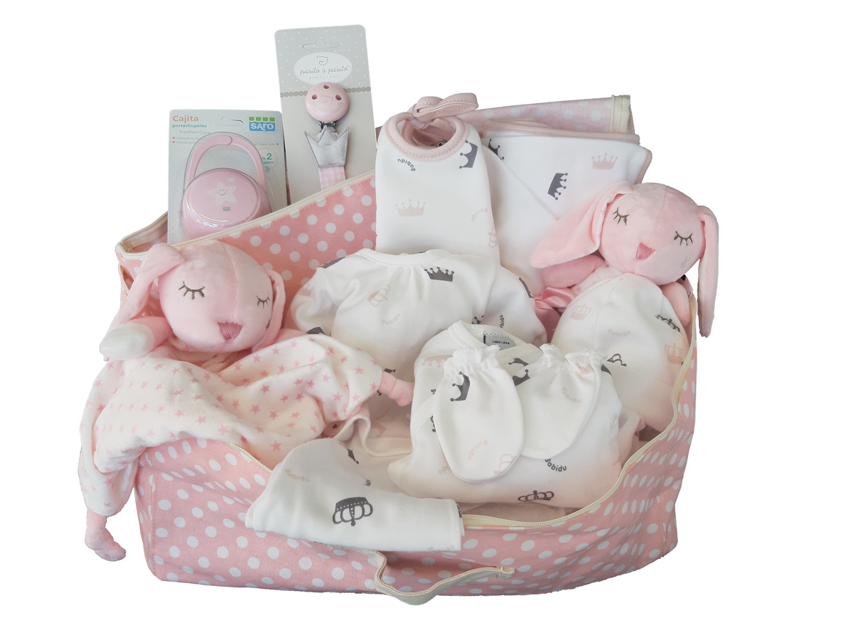 Canastilla bebe neceser pack regalo gris y rosa